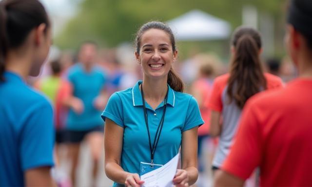 Volunteer registering participants at charity run